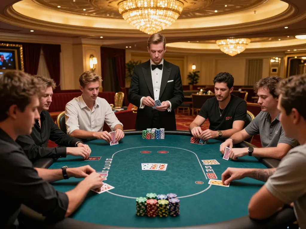 KP88 poker game scene with players intensively planning their strategies at a luxury casino table