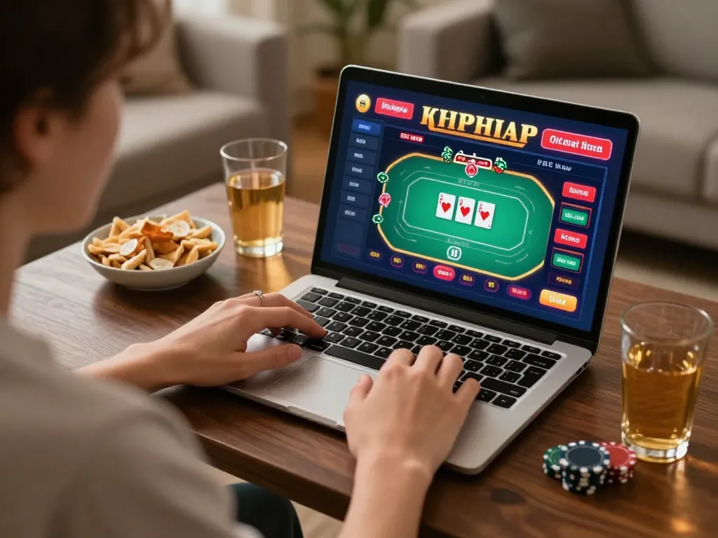 Bong88 user engaged in online gaming with a vibrant poker interface in a cozy home setting.