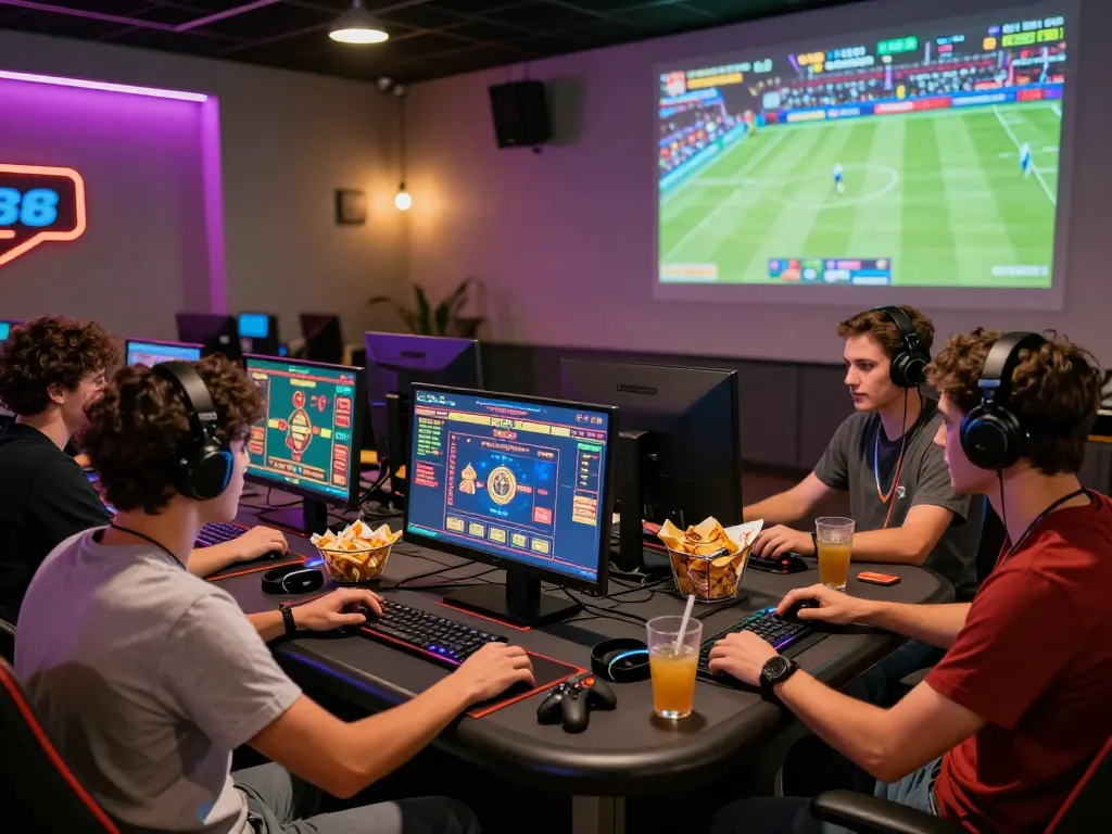 Engaging group of friends playing SC88 online casino games with vibrant lighting and modern gaming setup.