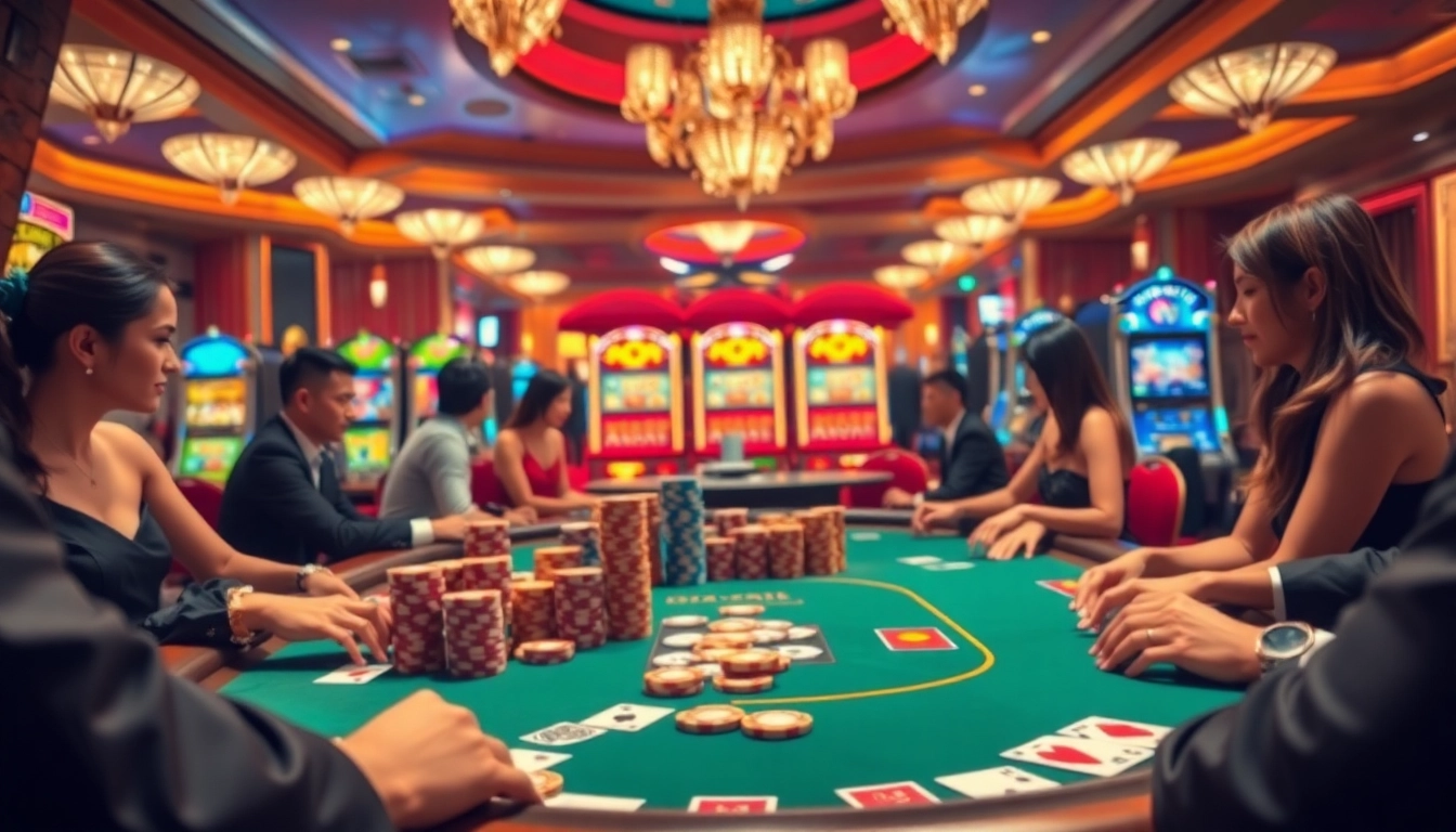 Bangsawan88 players engaging in a thrilling poker game with vibrant casino elements.