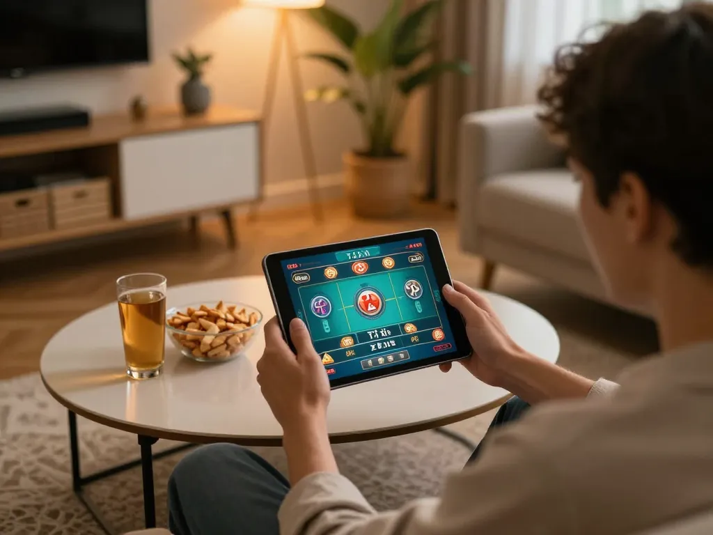 Engaging in Tài Xỉu online from a cozy home setup with snacks and warm lighting.