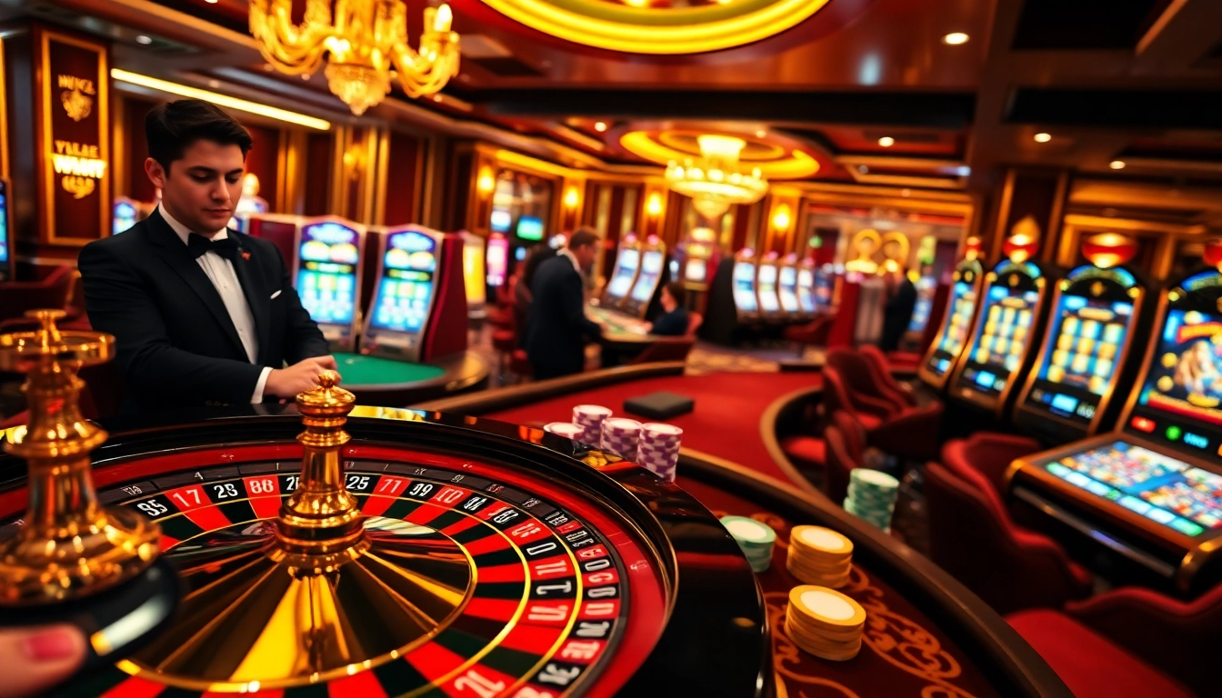 Exciting gaming scene at NK88 featuring vibrant slot machines and casino tables.