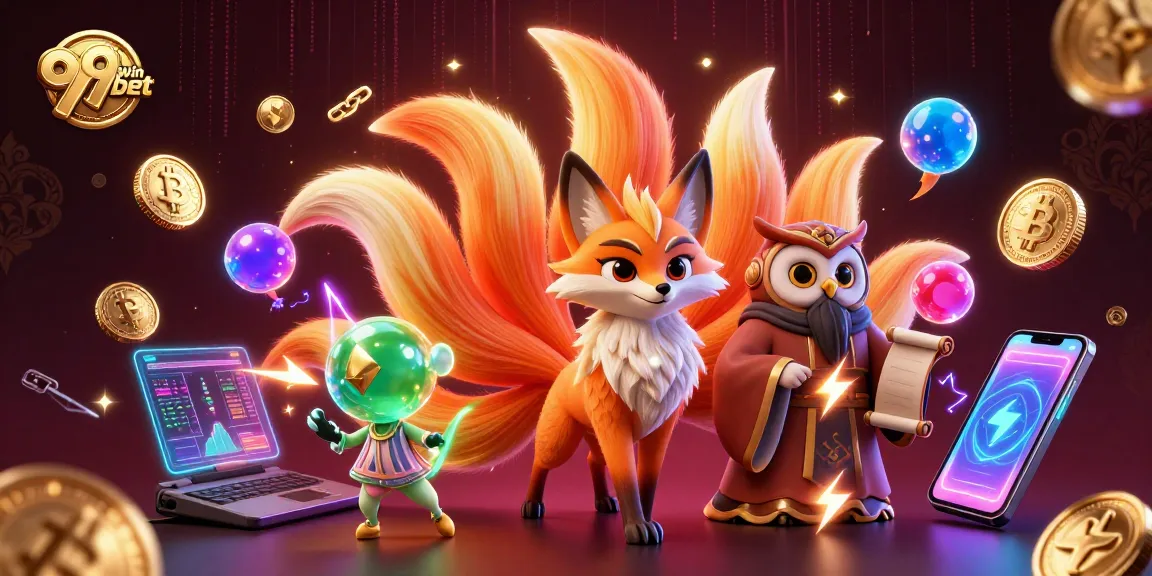 Engage with 99win bet in a vibrant 3D scene featuring mystical characters and cryptocurrency elements.