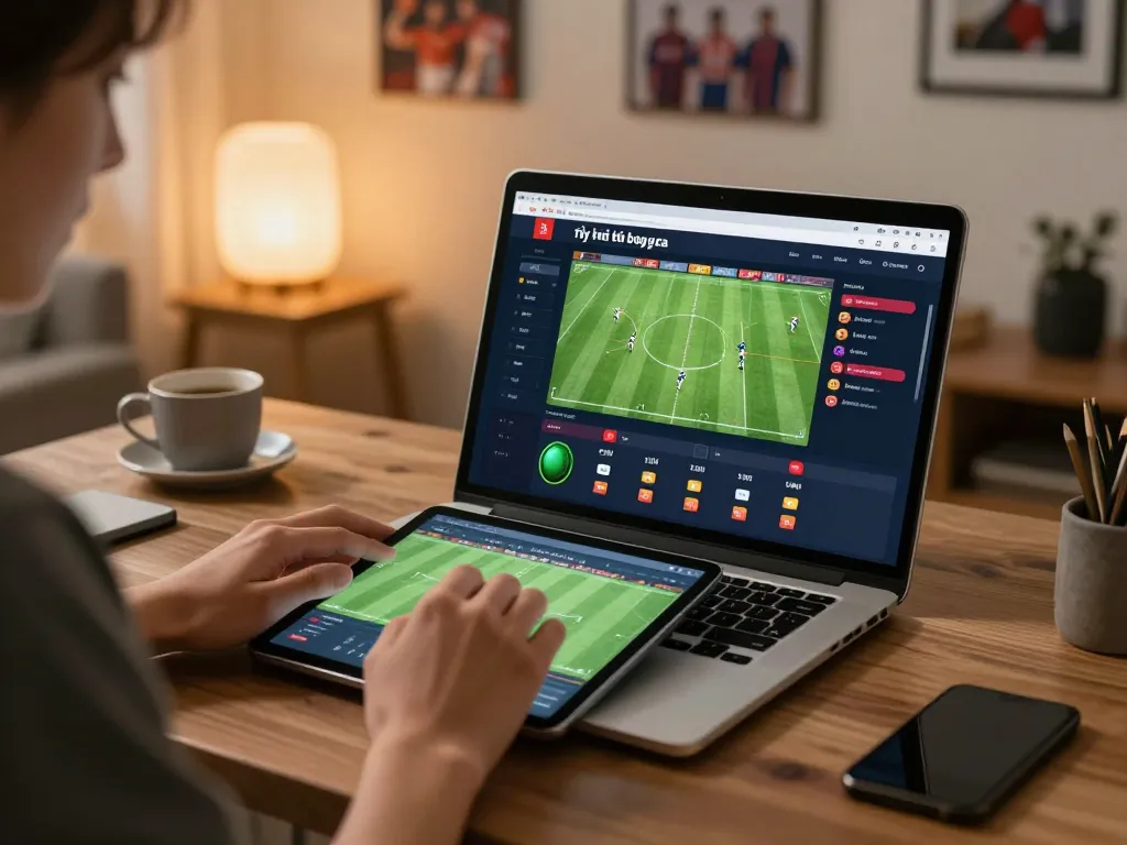 Engaging in responsible sports betting using tỷ lệ bóng đá for better odds in a cozy home office.