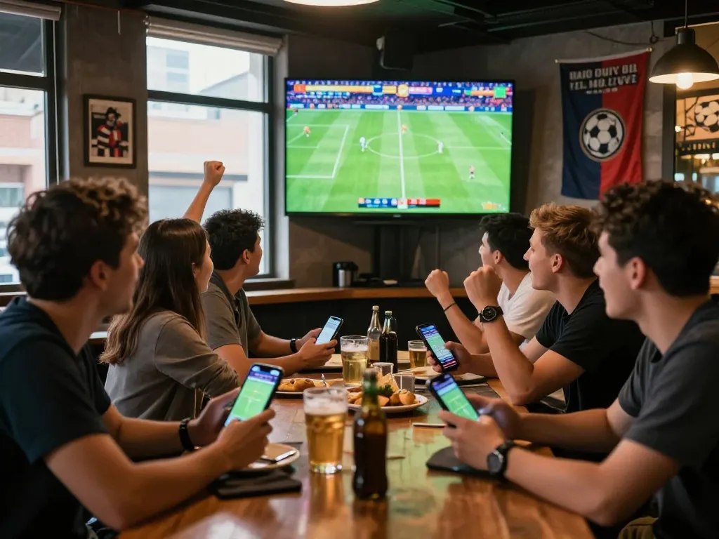 Fans at a sports bar engaged in discussions about kèo nhà cái while watching live soccer.