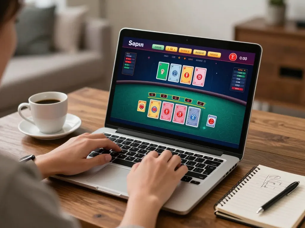 Player engaged in online blackjack with 789win app on laptop in a cozy atmosphere