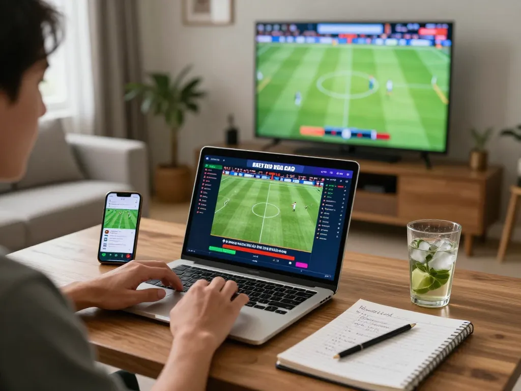 Engaged bettor analyzing kèo nhà cái updates while watching live football, surrounded by strategic notes and a laptop.
