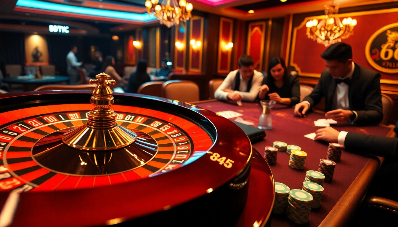 Gamblers enjoying thrilling moments at the casino table with BDTK66-themed decor.