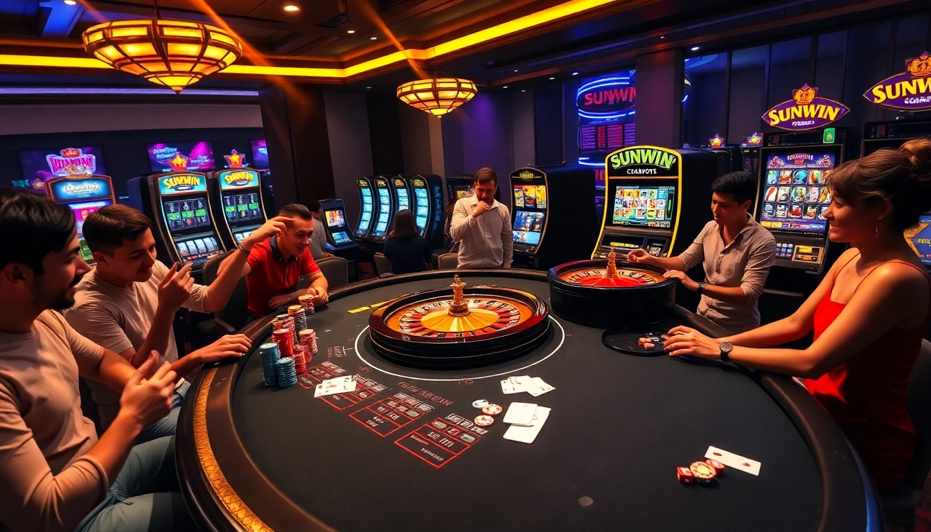 Engaged players enjoying a thrilling Sunwin casino experience at a vibrant gaming table.