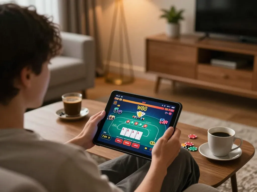 Player engaging with W88 casino games on a tablet in a cozy home setting.