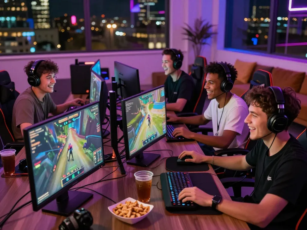 Engaged friends gaming online with 789Win in vibrant modern setup.
