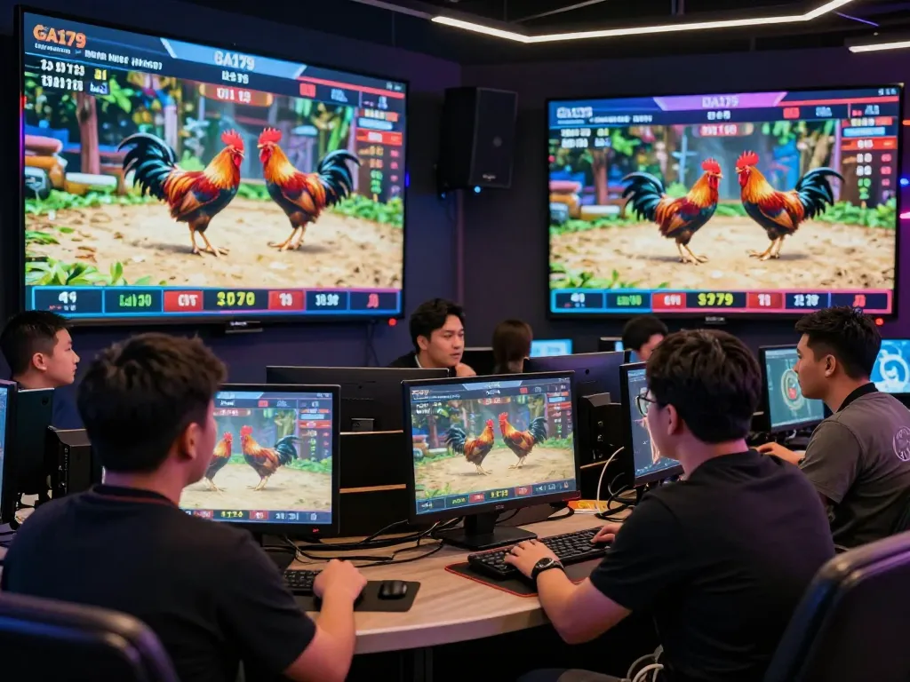 Engaged players on GA179's platform enjoying a dynamic cockfighting betting experience with vibrant graphics and real-time updates.