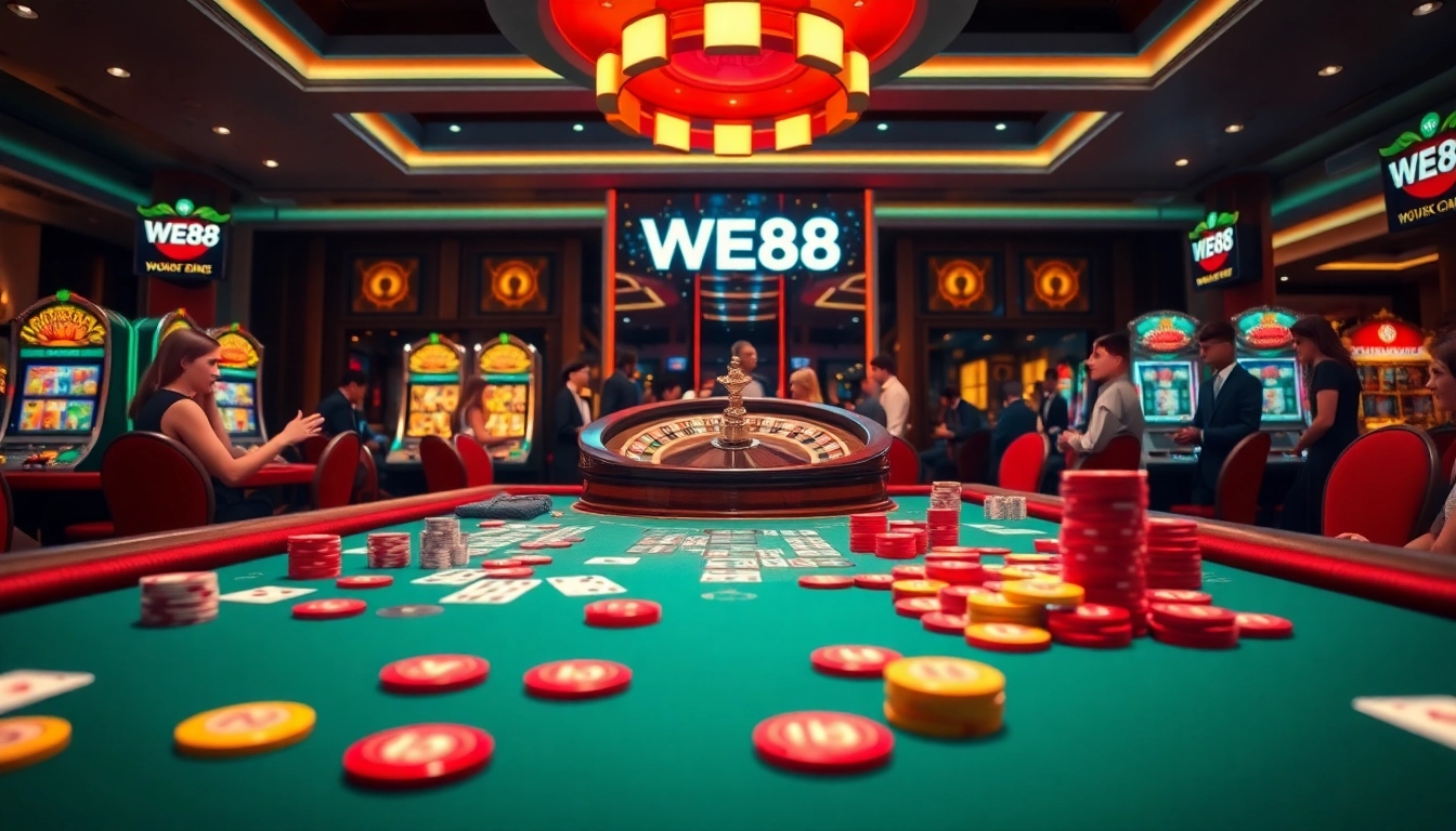 WE88 gaming table surrounded by excited players, vibrant chips, and a thrilling casino atmosphere.