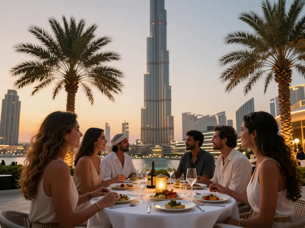 Group enjoying dinner at a luxurious Dubai Airbnb, showcasing airbnb management dubai in a stunning setting.