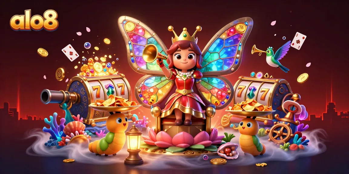 Spin and win with alo8's vibrant 3D casino scene featuring a butterfly queen and treasure!