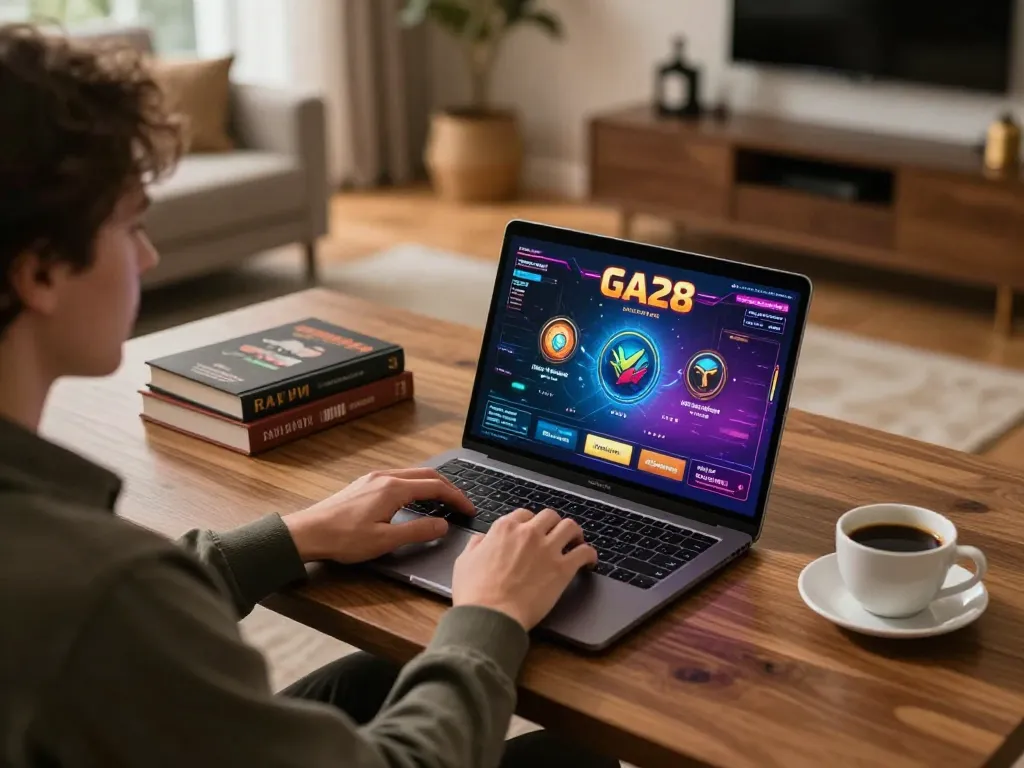 Player engaged in a GA28 online gambling session, laptop screen showing vibrant game interface, cozy home setup
