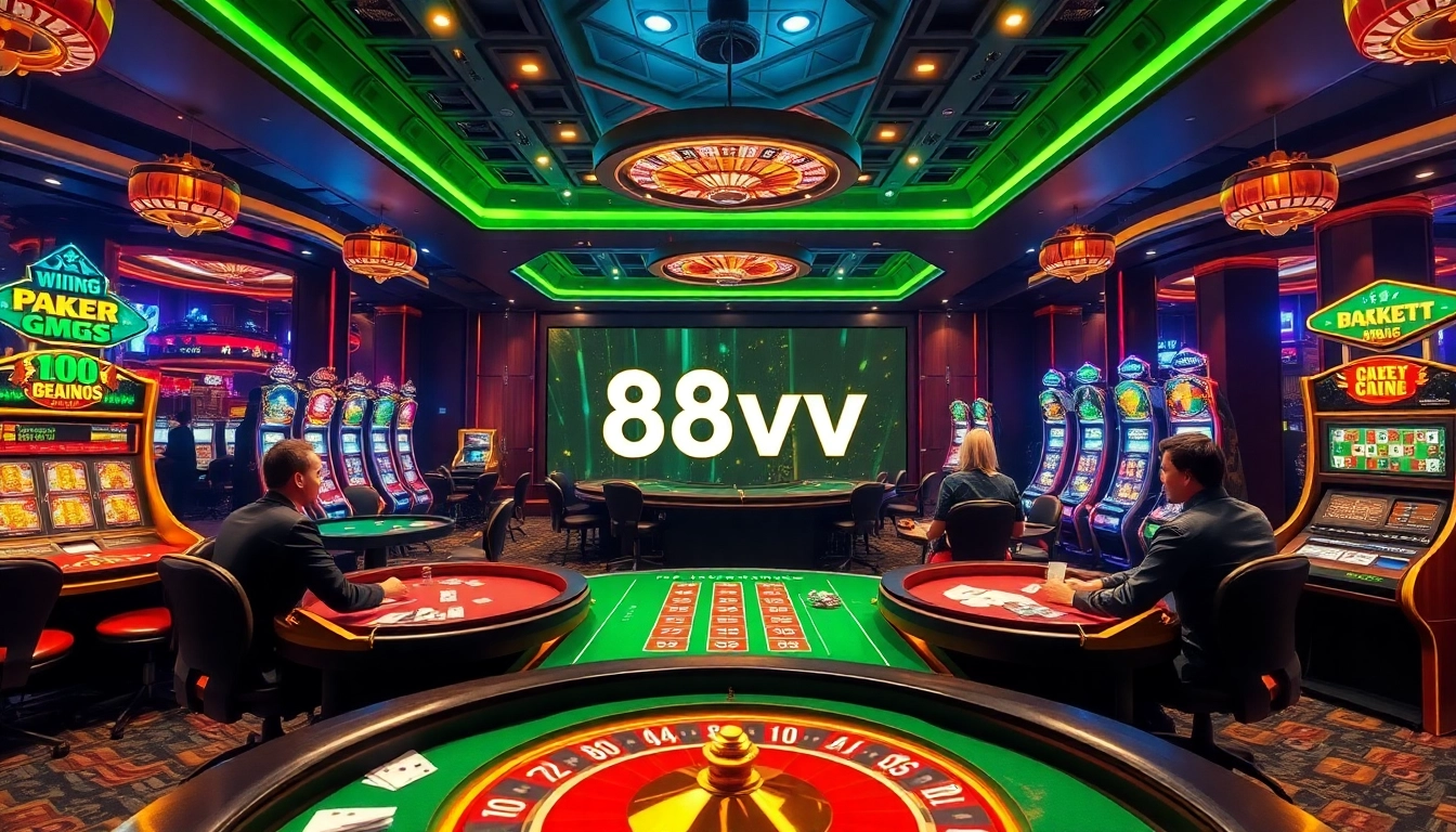 Exciting gaming action at 88vv casino with players enjoying roulette and poker.