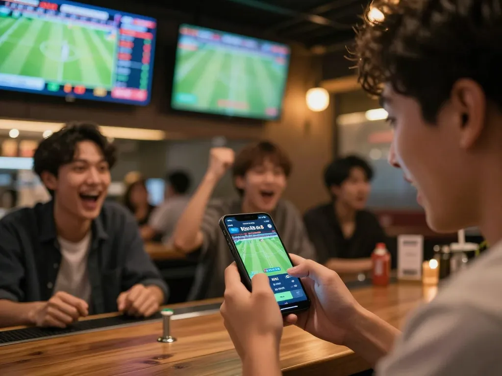 Engaging in live betting with Keo nha cai 5, a person places bets on their smartphone amid a vibrant sports bar atmosphere.