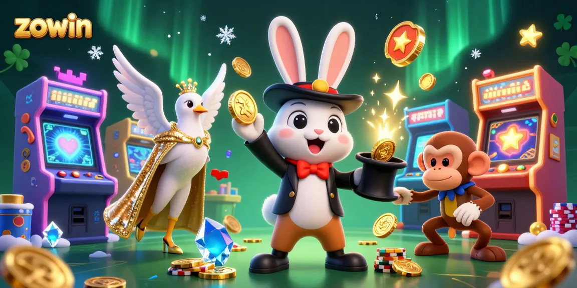 Win big at zowin with the magician rabbit, dove, and monkey in this vibrant casino scene.