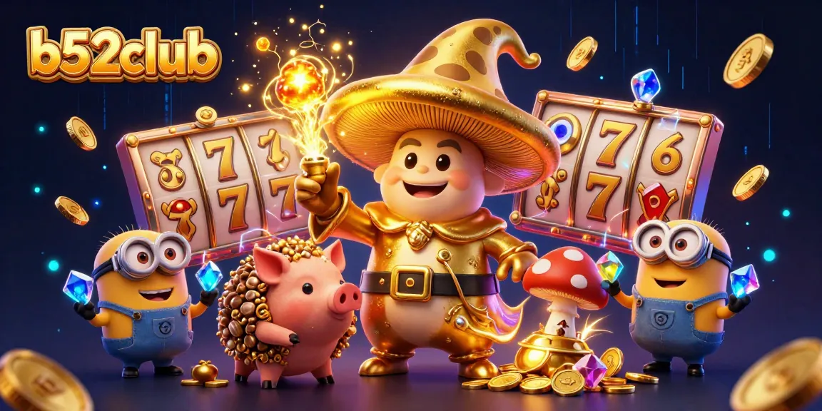 Experience the excitement at b52club with a lively scene featuring magical characters in a casino adventure.