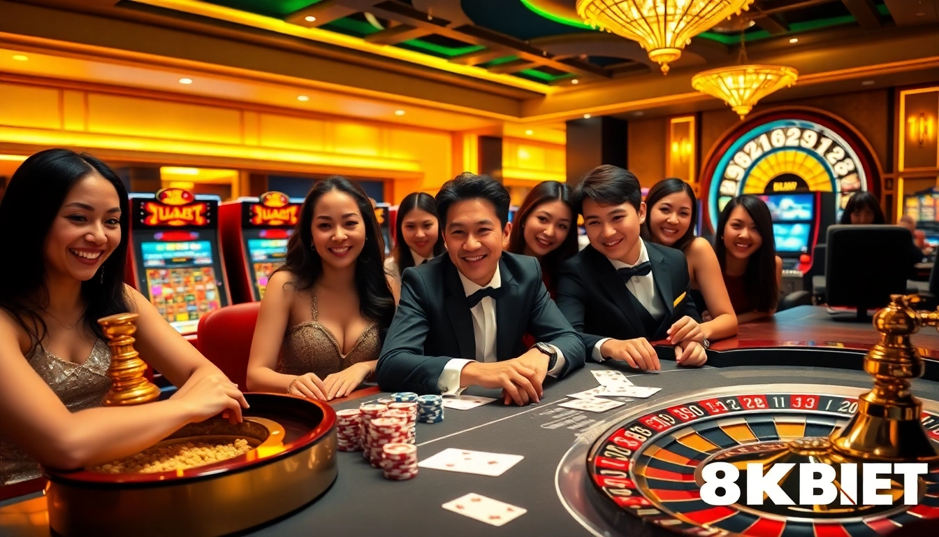 Players enjoying high-stakes games at 8KBET casino, showcasing excitement and vibrant atmosphere.