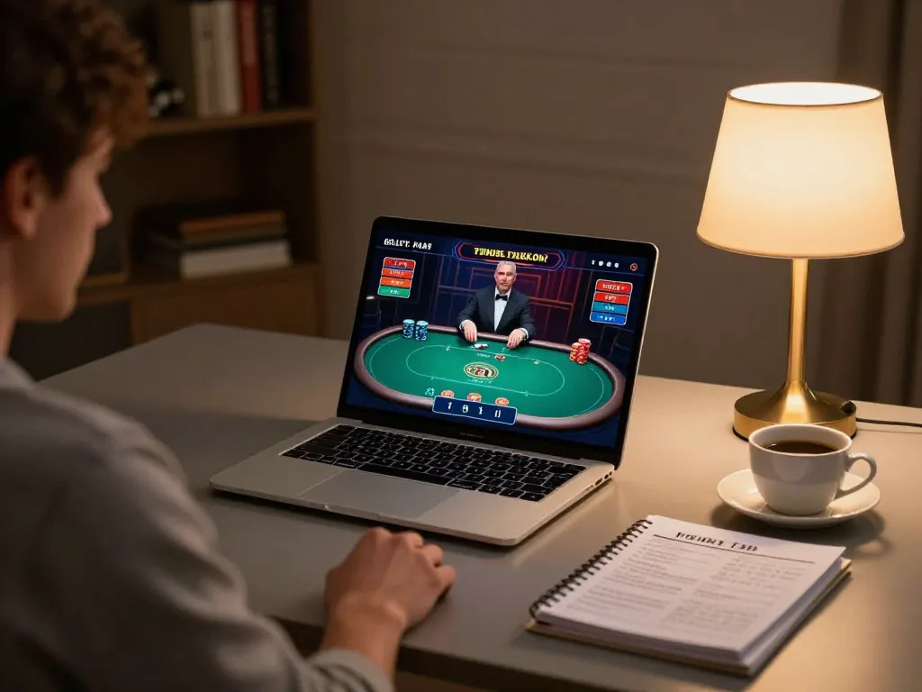 Player engaging in strategic gaming on LV88 online casino, showcasing poker interface and cozy setup
