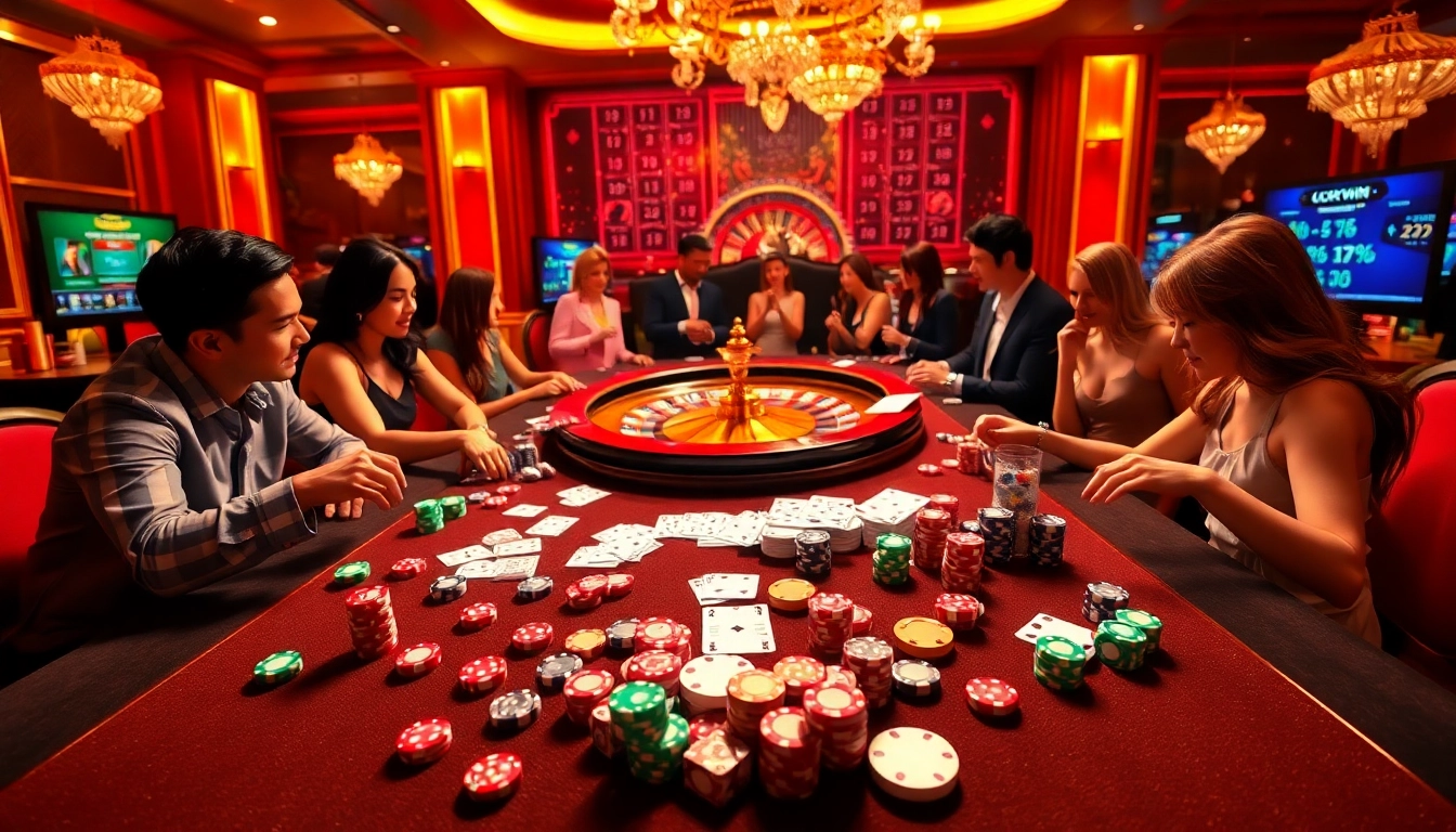 Experience the thrill at Luckywin casino with vibrant gaming tables and joyous players.