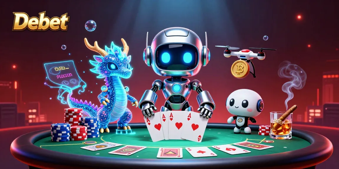 Engage with Debet's thrilling poker scene featuring a cyberpunk robot mascot, poker chips, and a vibrant casino setting.