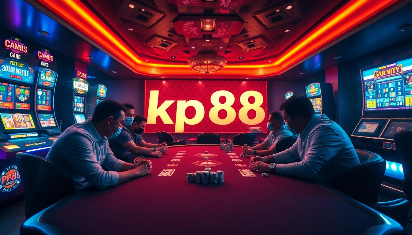 Engaging scene of kp88 gaming excitement with players at a luxury poker table.