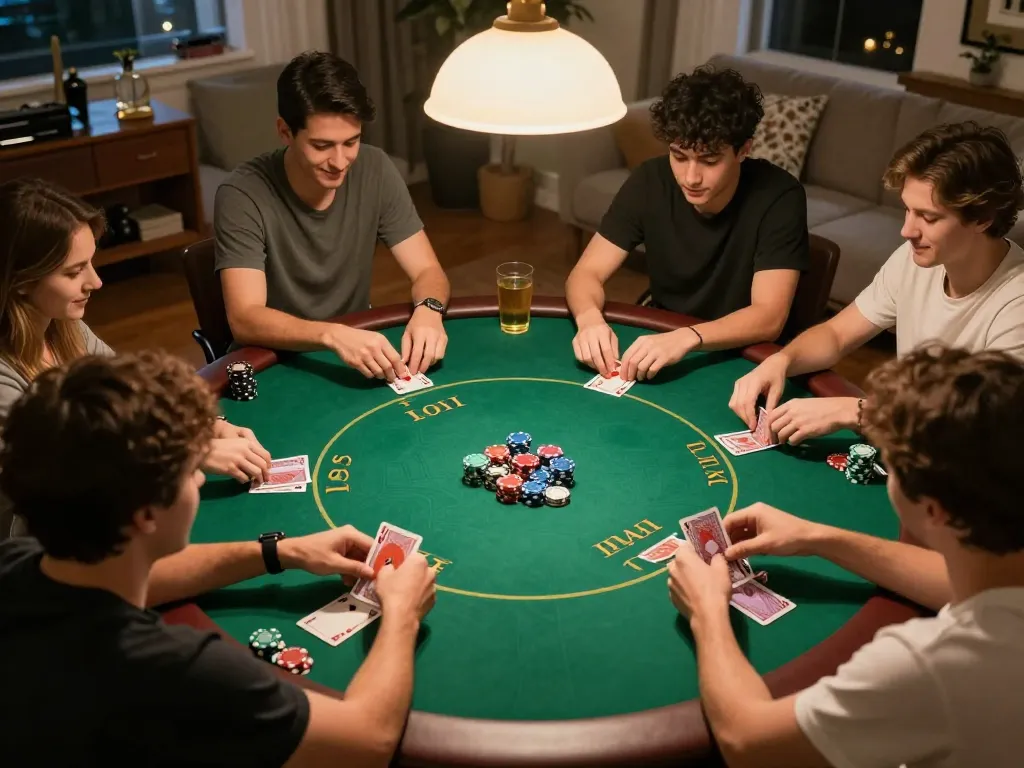 Friends engaged in game bài đổi thưởng at home poker night, enjoying strategy and camaraderie.