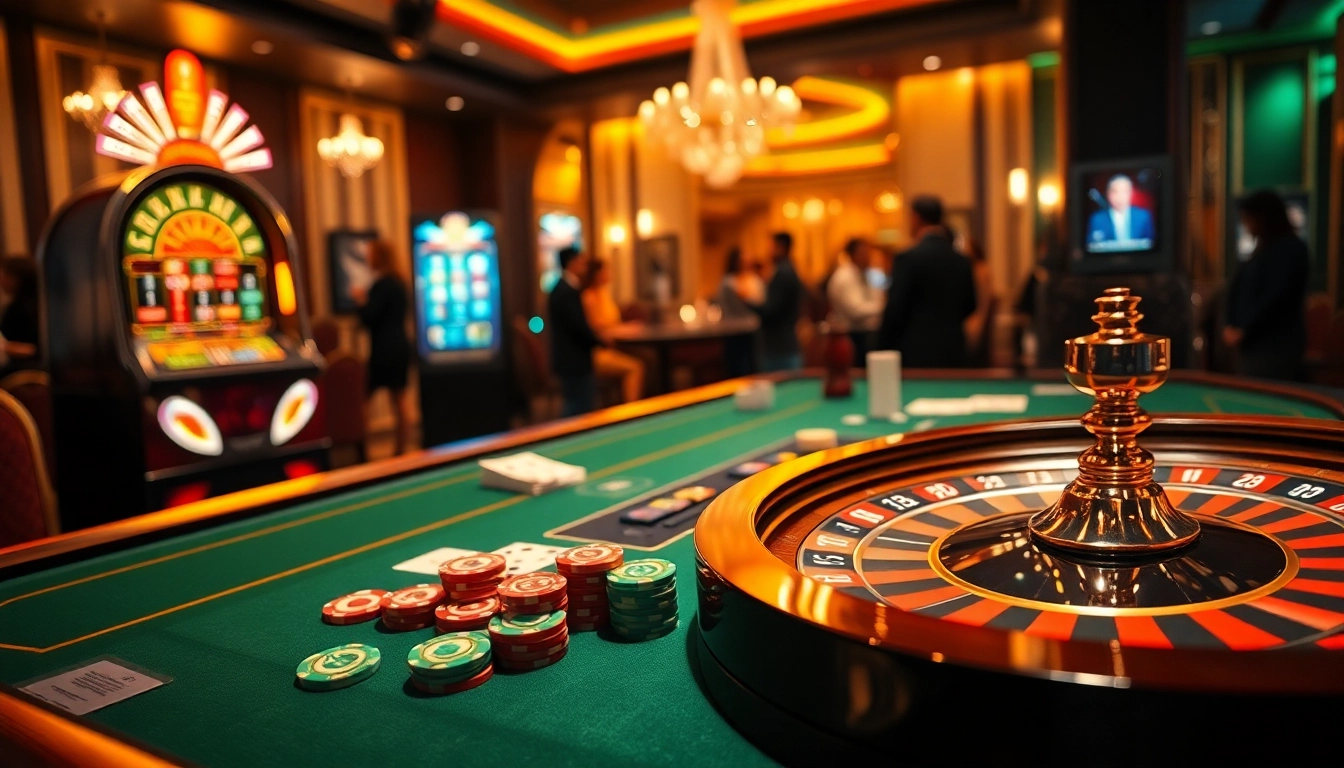 KJC liên minh casino scene with poker chips, cards, and roulette wheel exuding excitement.