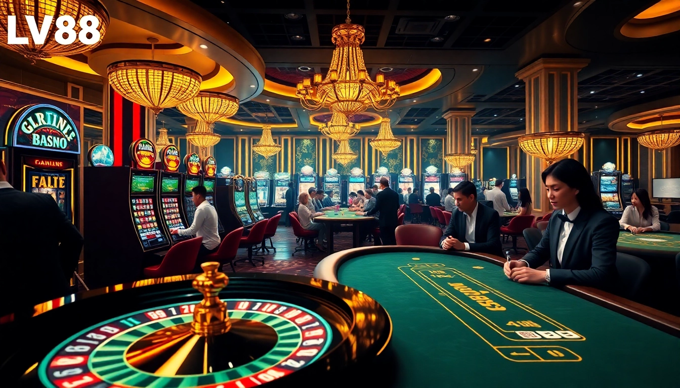 Experience the excitement of LV88 with players engaging at the roulette and poker tables.