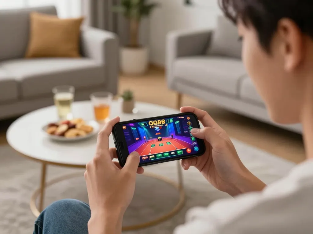 Player enjoying live dealer game on QQ88 mobile app in a cozy living room setting