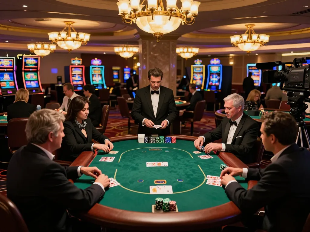 Sonclub players strategizing at poker tables in a vibrant casino atmosphere.