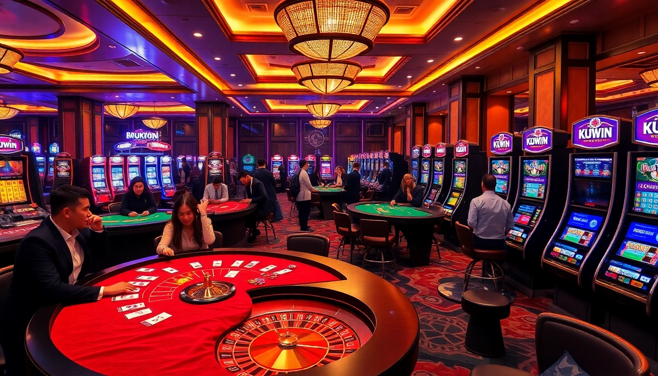 Kuwin casino experience with vibrant slot machines and engaging players at luxurious tables.