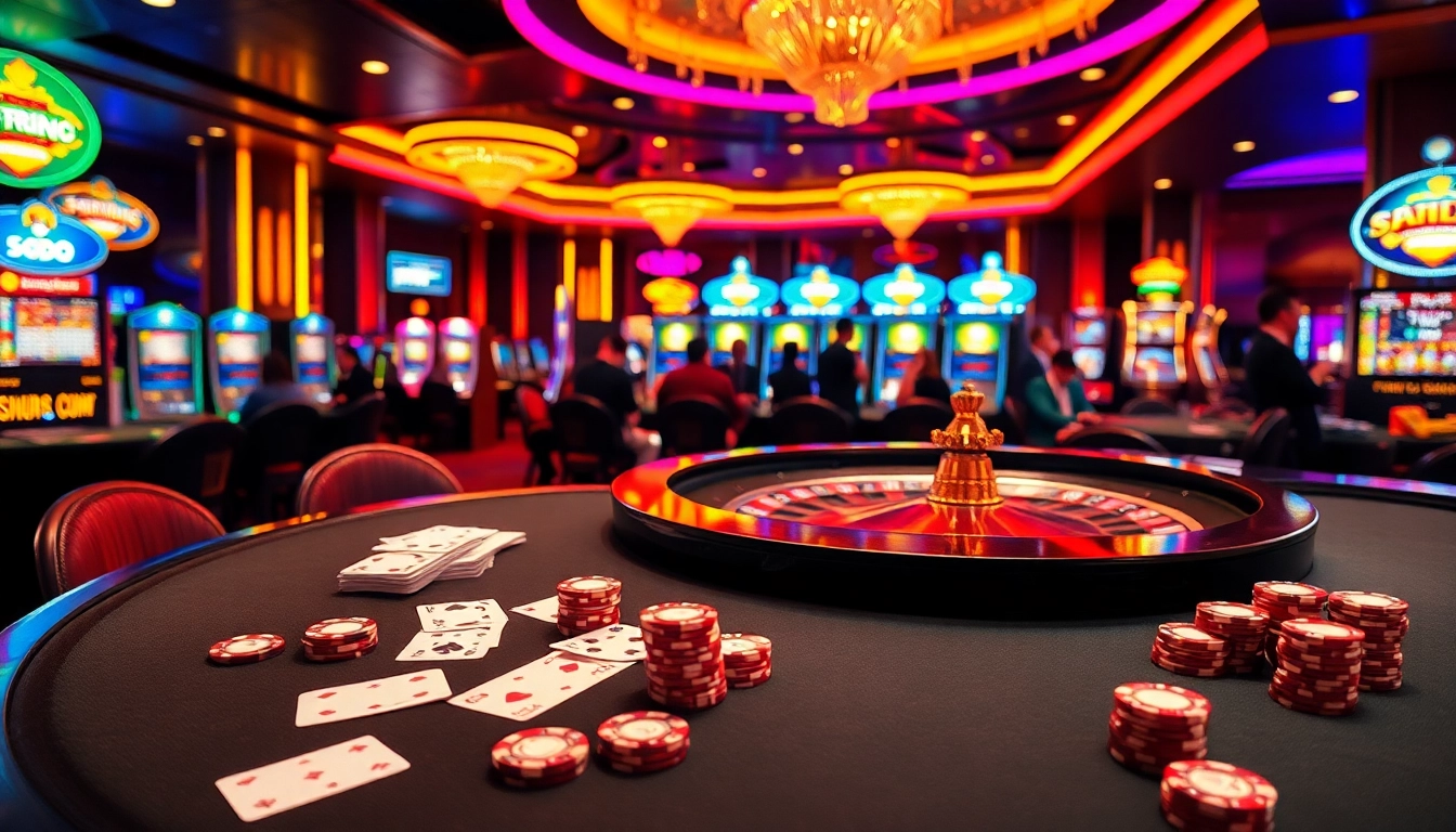 Players enjoy thrilling poker and casino games at SODO, with vibrant tables and roulette wheels.