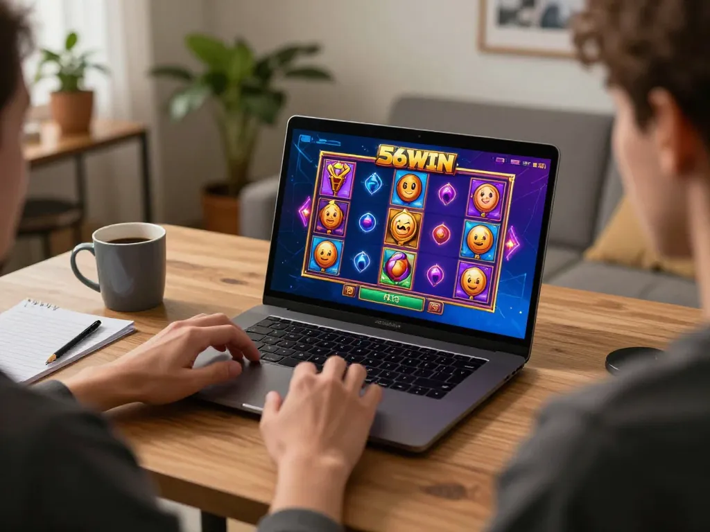 Player enjoying the 56WIN online casino experience with a laptop displaying vibrant slot games.