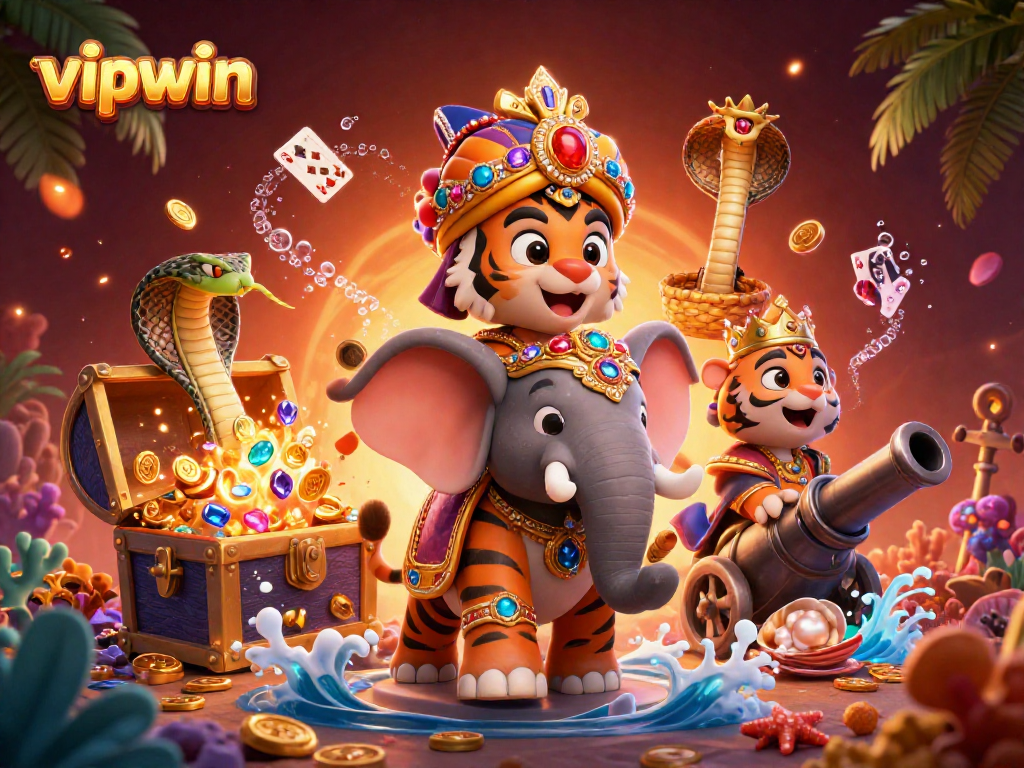 Experience the vibrant world of vipwin with a colorful illustration of a royal tiger riding an elephant amidst casino elements.