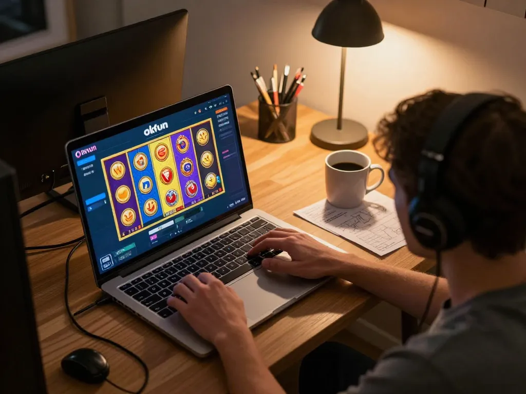 Engaged player enjoying a thrilling moment on okfun slots at home, showcasing exciting game interface and cozy environment.