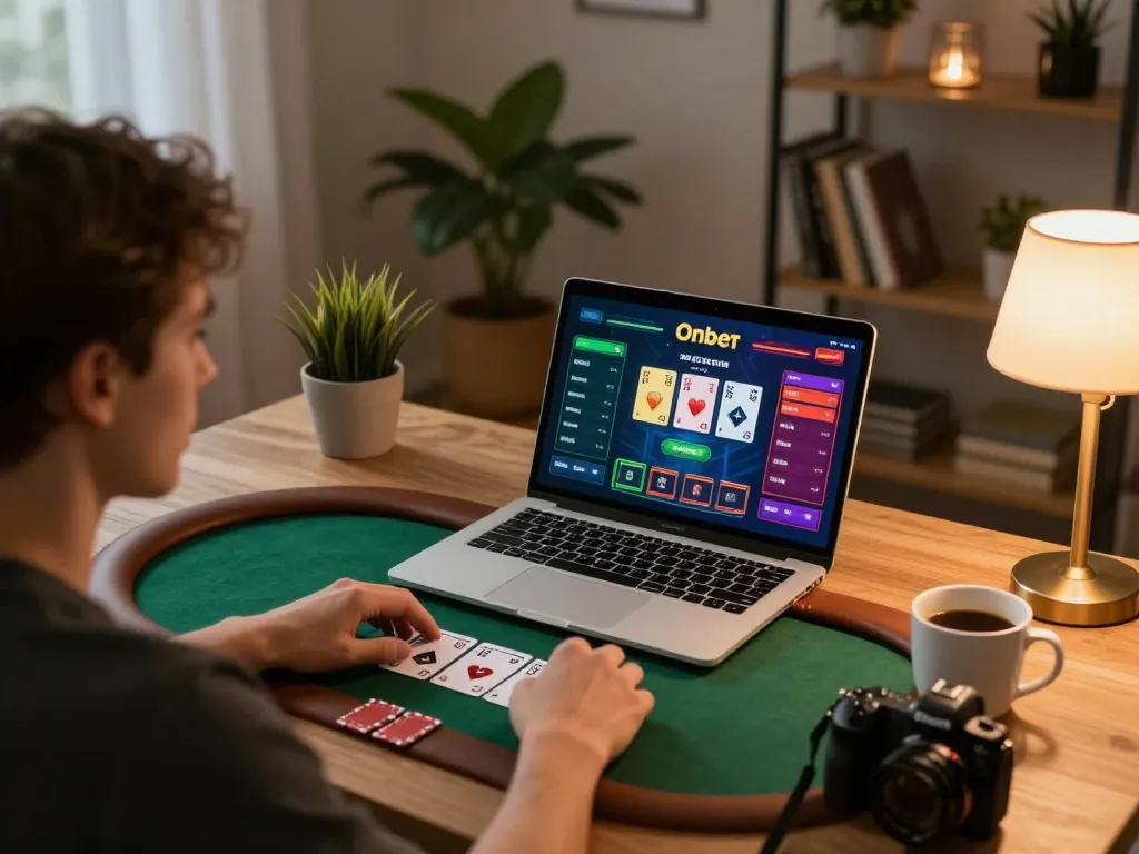 Player strategizing in an online poker game on Onbet platform, showcasing focus and engagement at home.