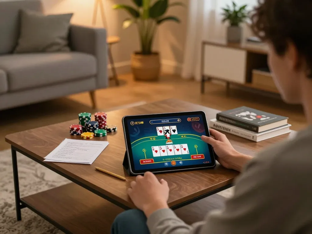 Engaging in online poker at home with VMAX gaming tablet, colorful chips, and cozy atmosphere.