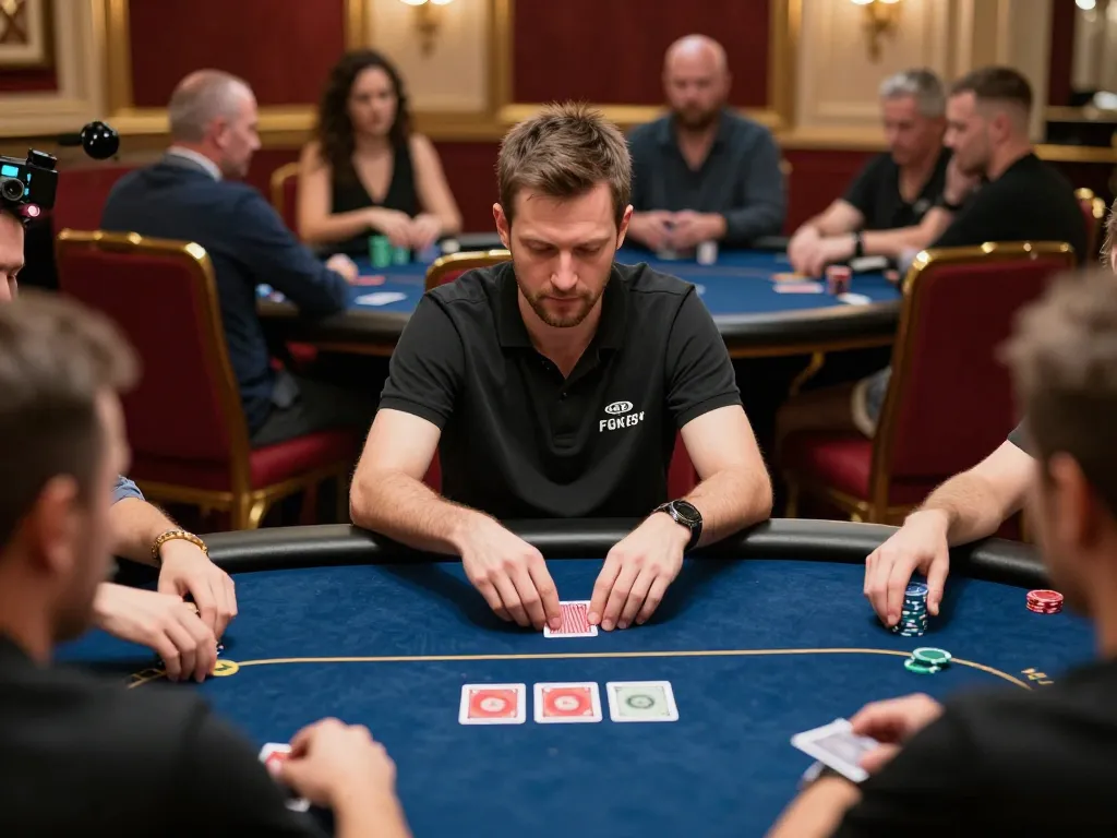 FC88 poker player in intense focus during high-stakes game, surrounded by luxurious casino decor.
