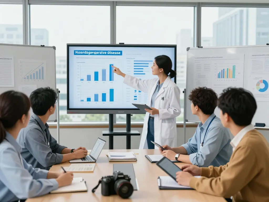 Health data analysts discussing neurodegenerative disease insights at https://nddo.org in a modern conference room.