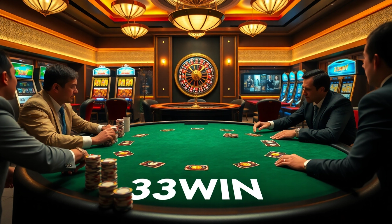 Players strategizing at a luxurious 33WIN poker table in a vibrant casino setting.