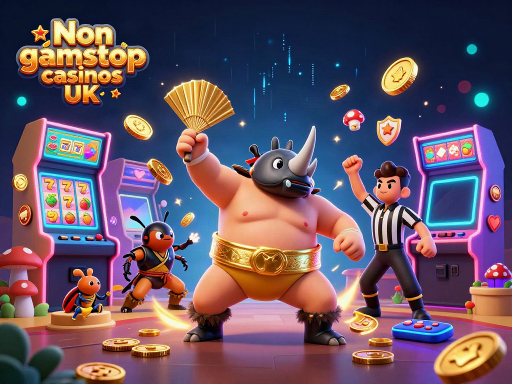 Illustration showcasing Non gamstop casinos UK with dynamic casino symbols and vibrant characters.