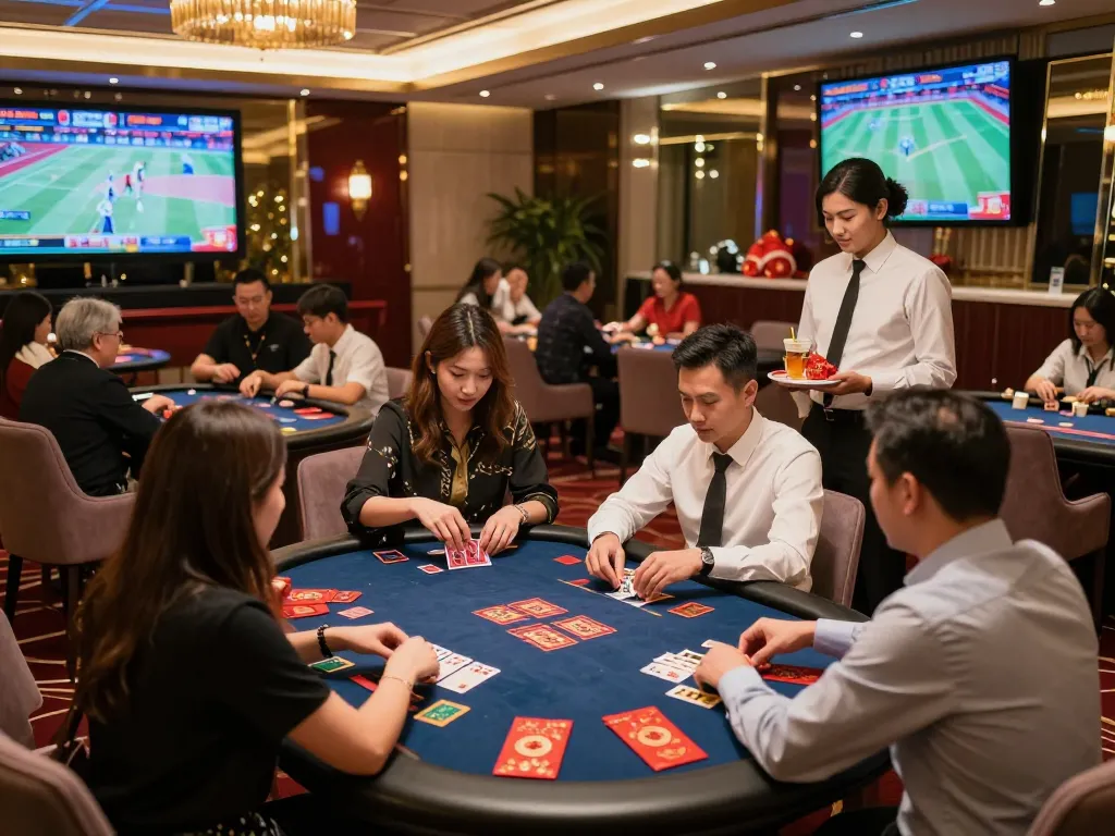 Engaged players at 8kbet luxury casino tables celebrating Tet with festive decor.