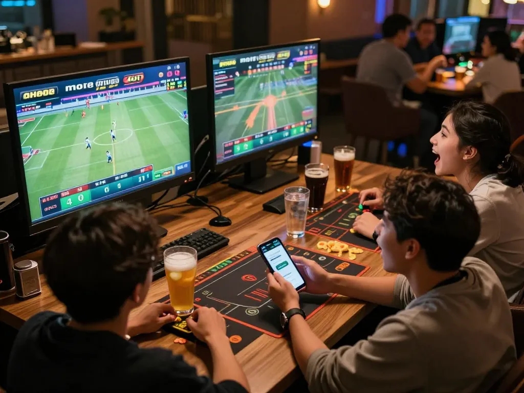 Friends engaged in sports betting on qh88go during a live game, with excitement and drinks present.