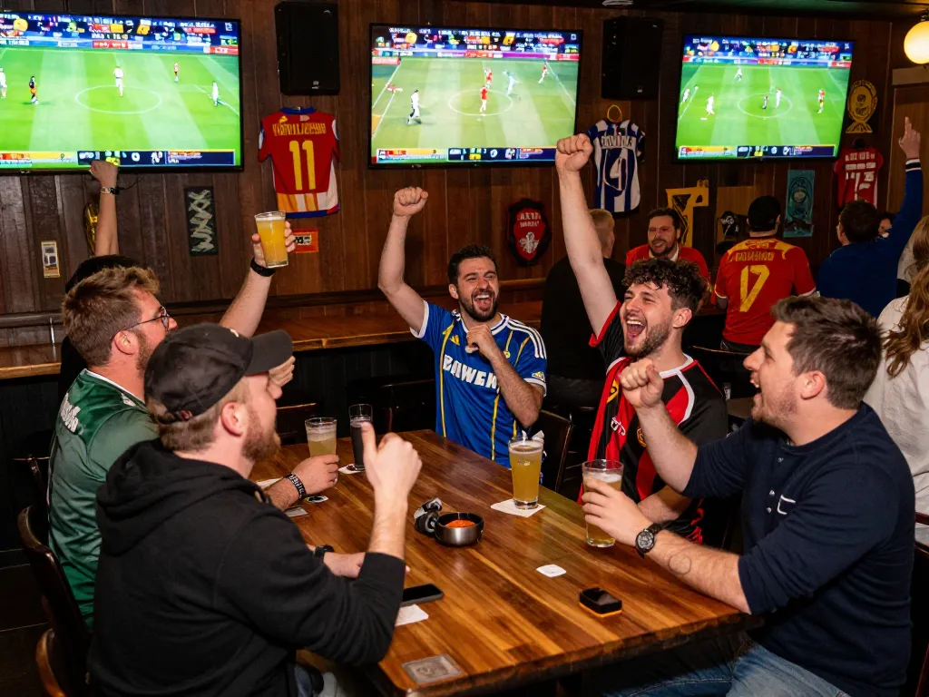 Sports fans engaging in live betting at KKBD while cheering for their favorite teams in a vibrant bar.