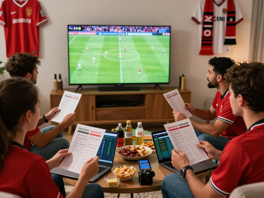 Engaged friends analyzing kèo 1gom betting odds while watching football in a lively living room.