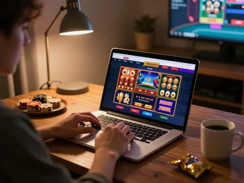 Player engaging in online gaming on HELLO88 platform with laptop and snacks